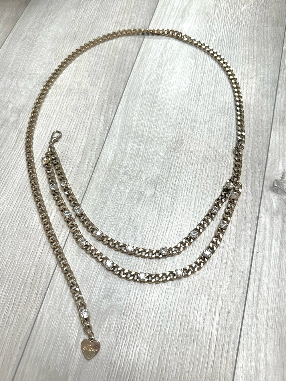 Y2K Gold-Tone Multi Layer Chain Belt with Crystal Heart Charm